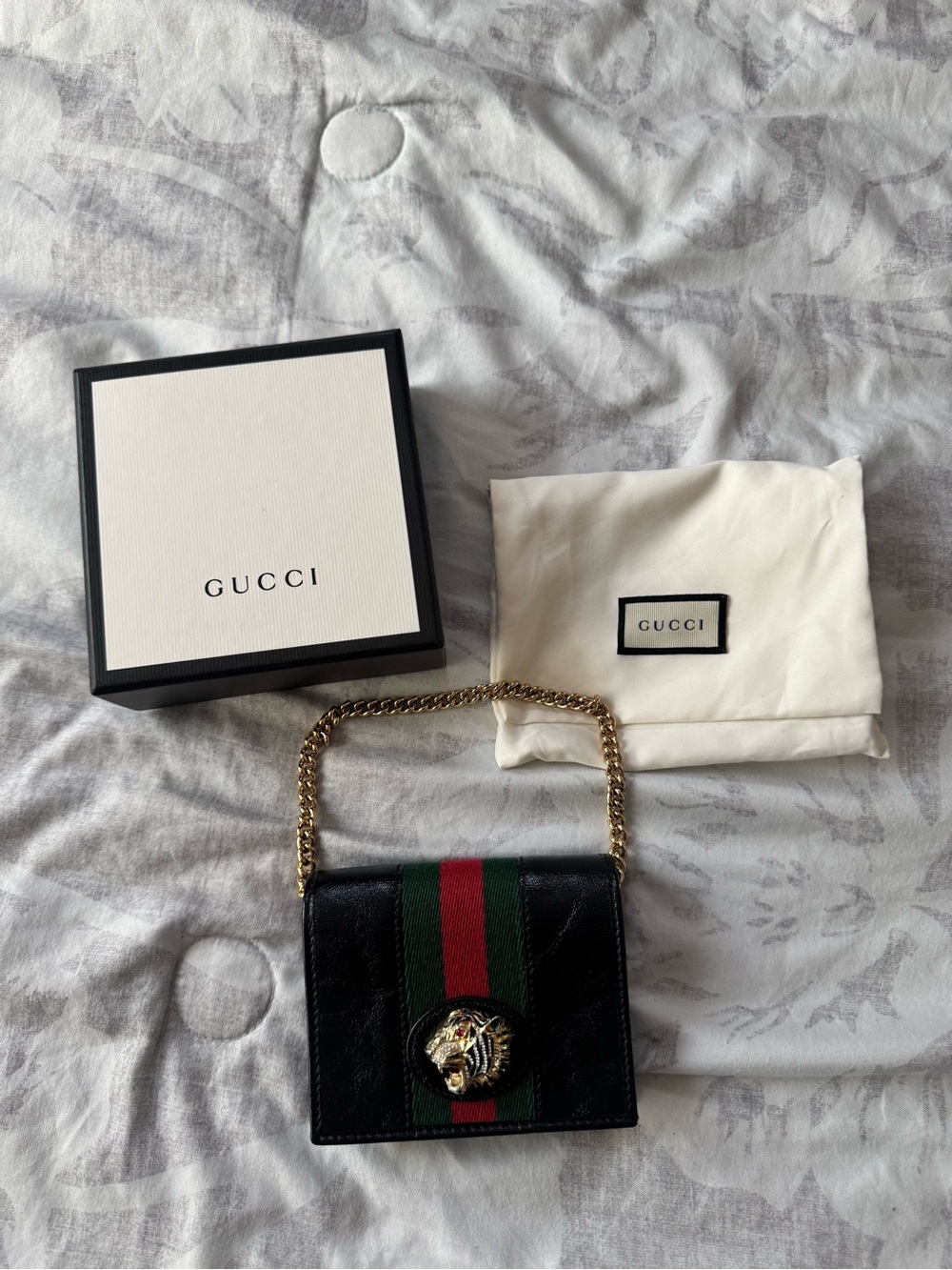 Gucci Black Leather Mini Shoulder Bag with Web Stripe and Tiger Head